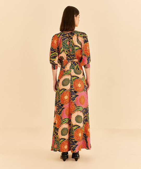 Multicolor Vintage Garden Puff Sleeve Maxi Dress