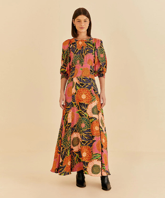 Multicolor Vintage Garden Puff Sleeve Maxi Dress