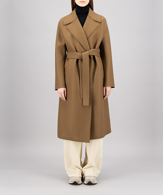 Belted long coat pressed wool and polaire